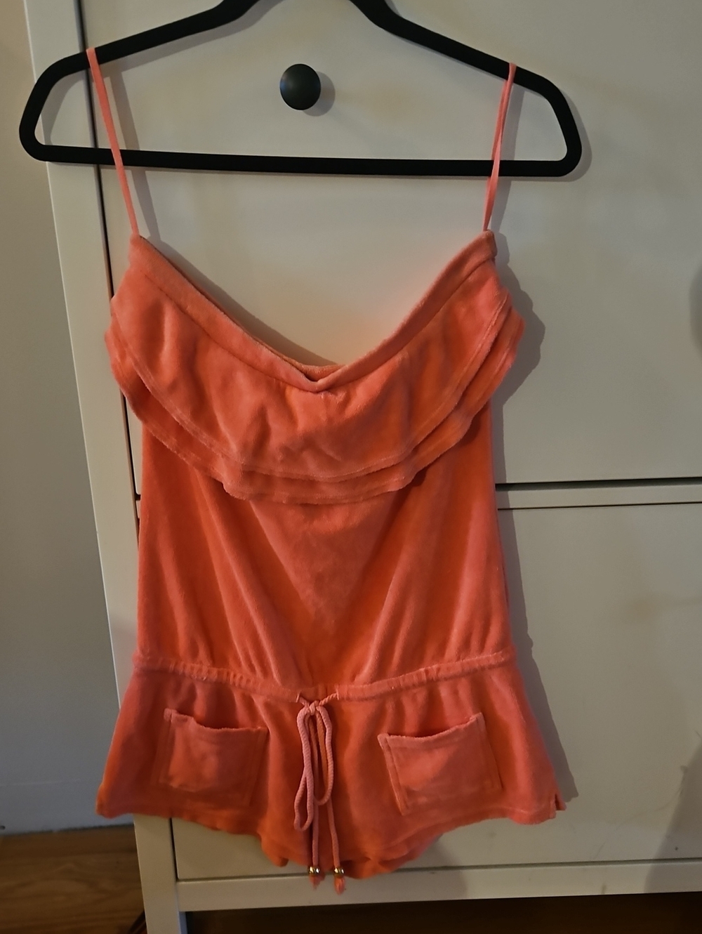 Vintage Juicy Couture Coral Terry Romper with Ruffle Neckline Y2K Size Small